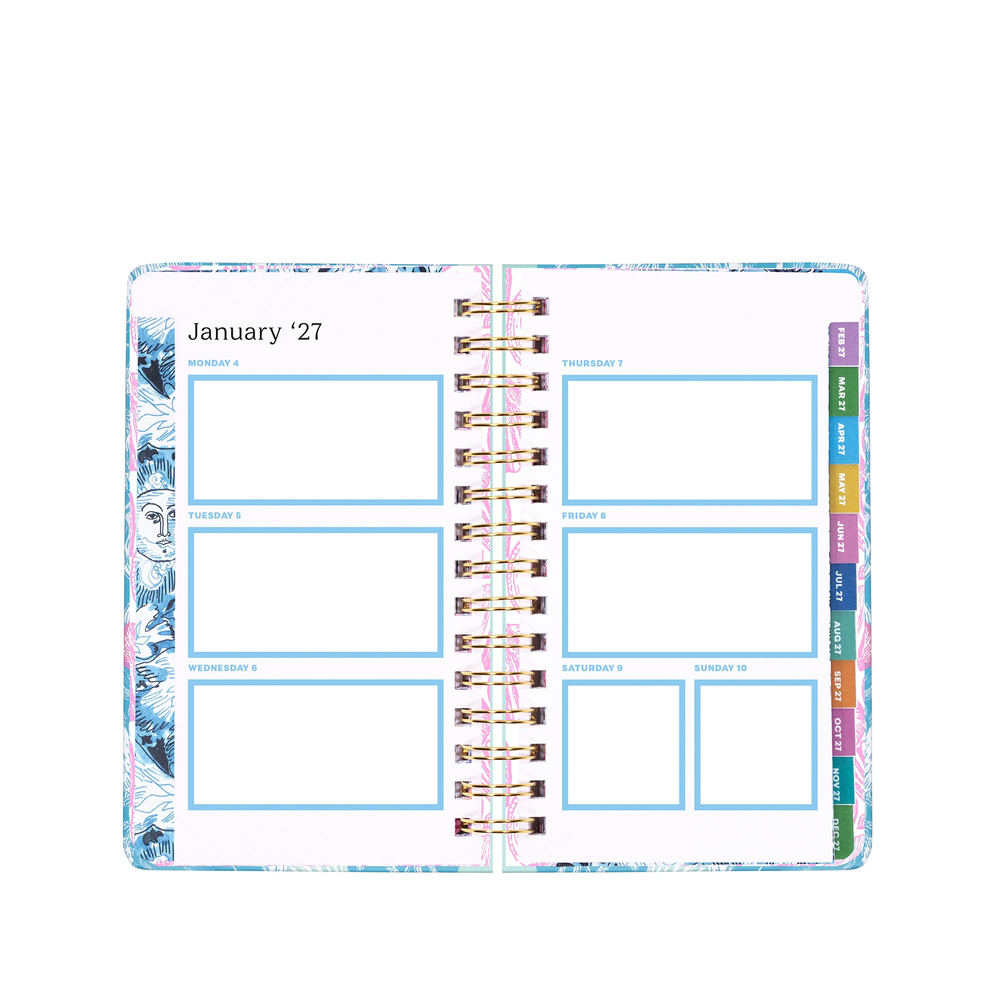 Planner with monthly layout and colorful tabs on a white background