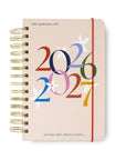 Beige planner with colorful '2026' to '2027' design on a white background