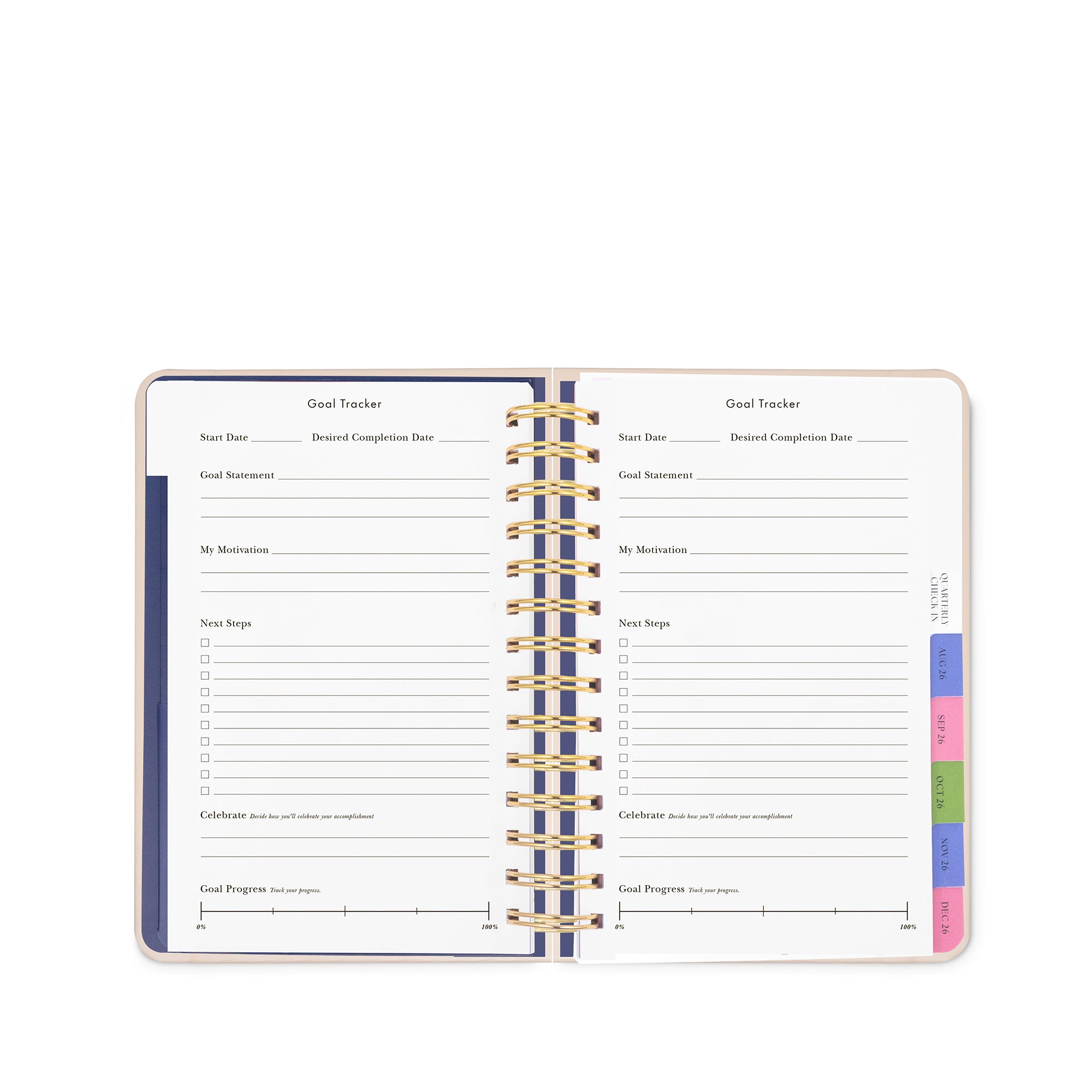 Open planner with goal tracker pages on a white background