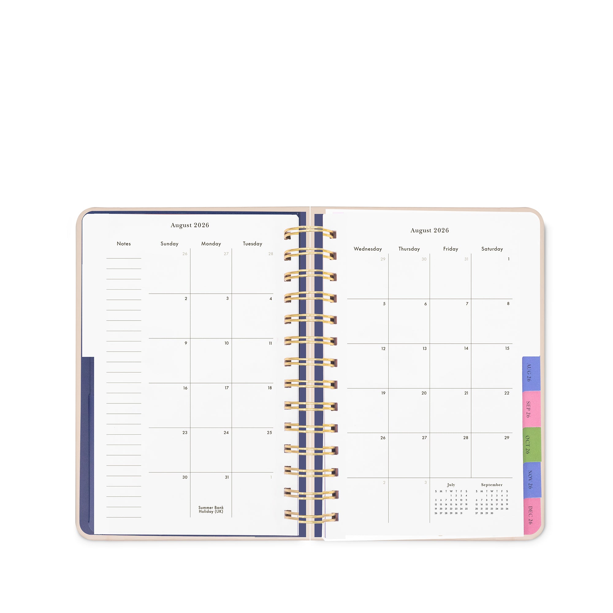 Open planner with monthly calendar layout on a white background
