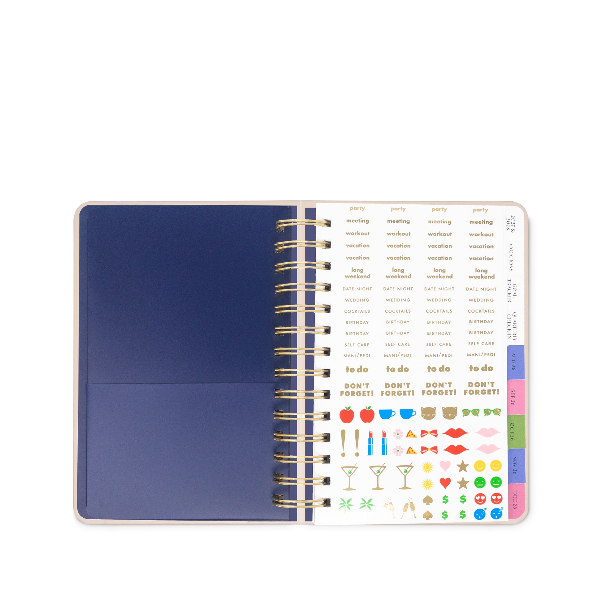 Spiral-bound planner with a blue cover and colorful stickers on a white background