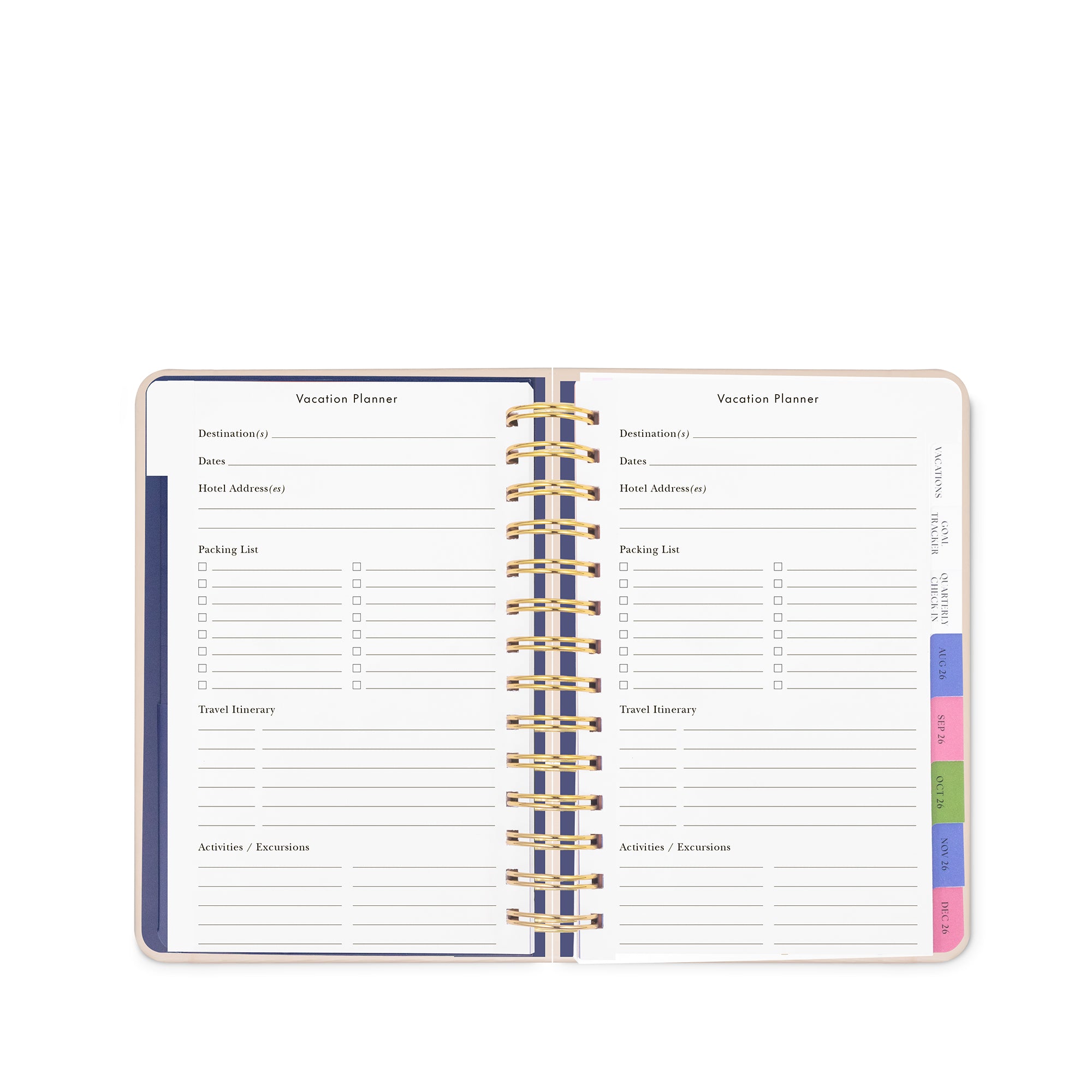 Vacation planner with colorful tabs on a white background