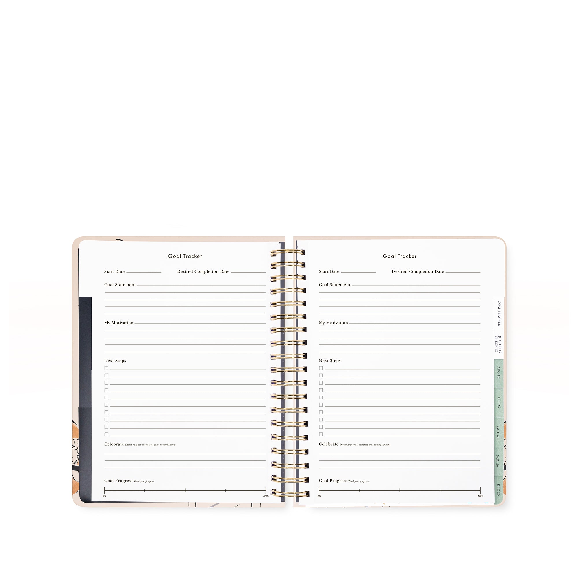 Open planner with goal tracking pages on a white background