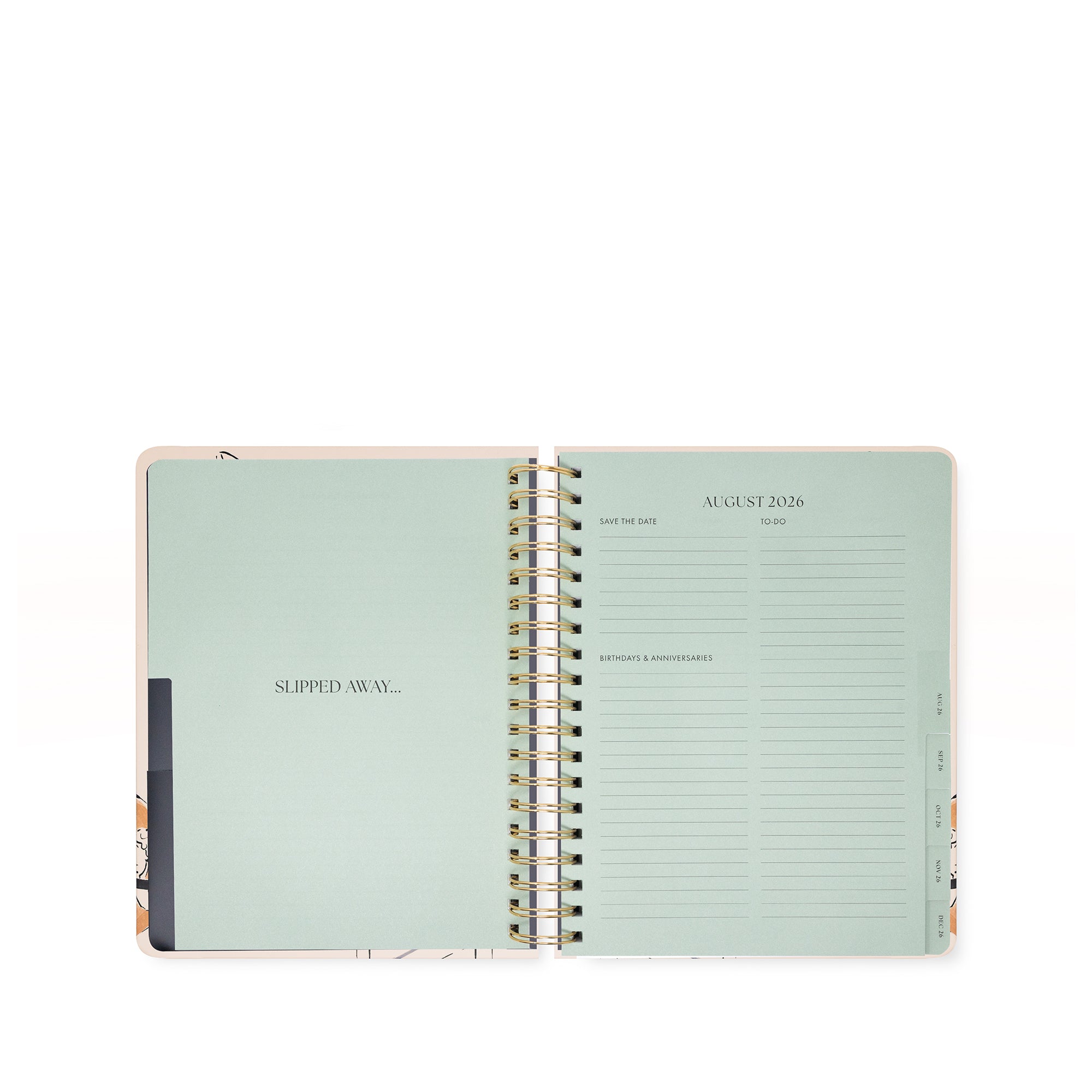Open planner with a mint green cover and white pages on a white background