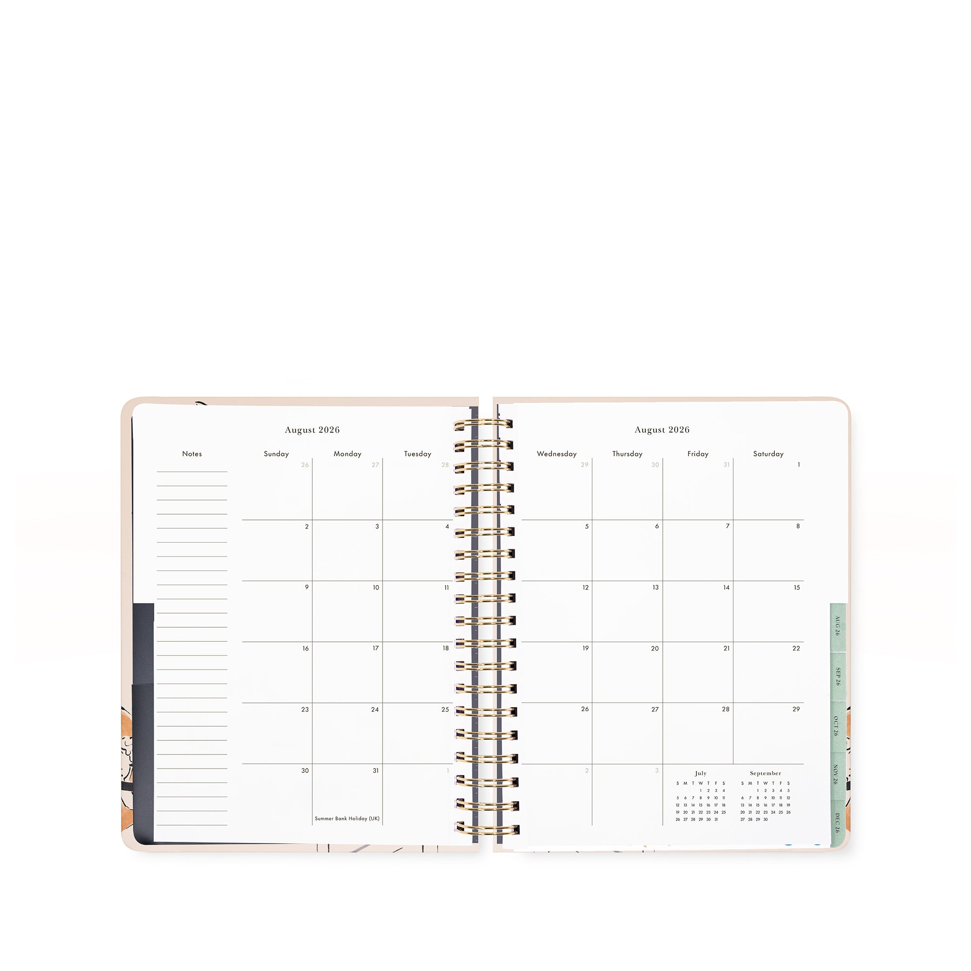 Open planner showing a monthly calendar layout on white background
