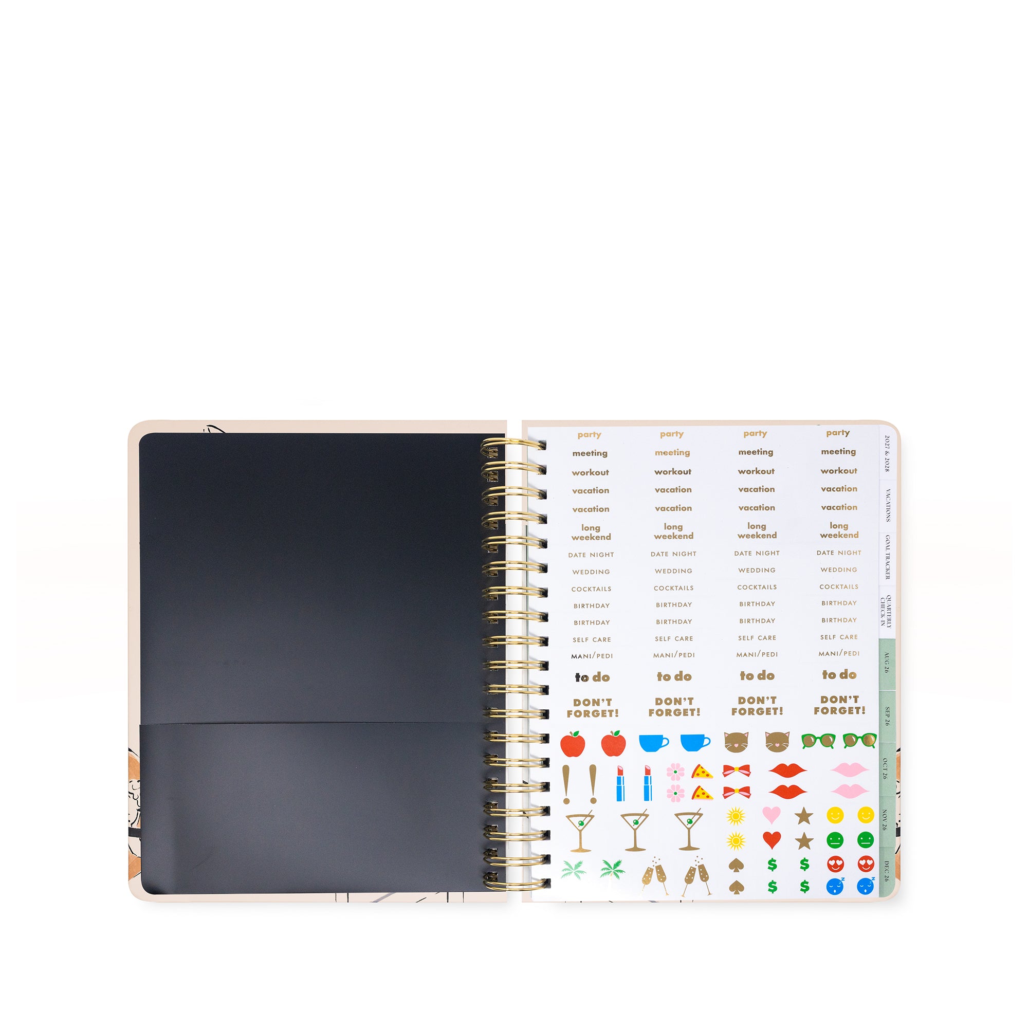 Open planner with stickers on a white background