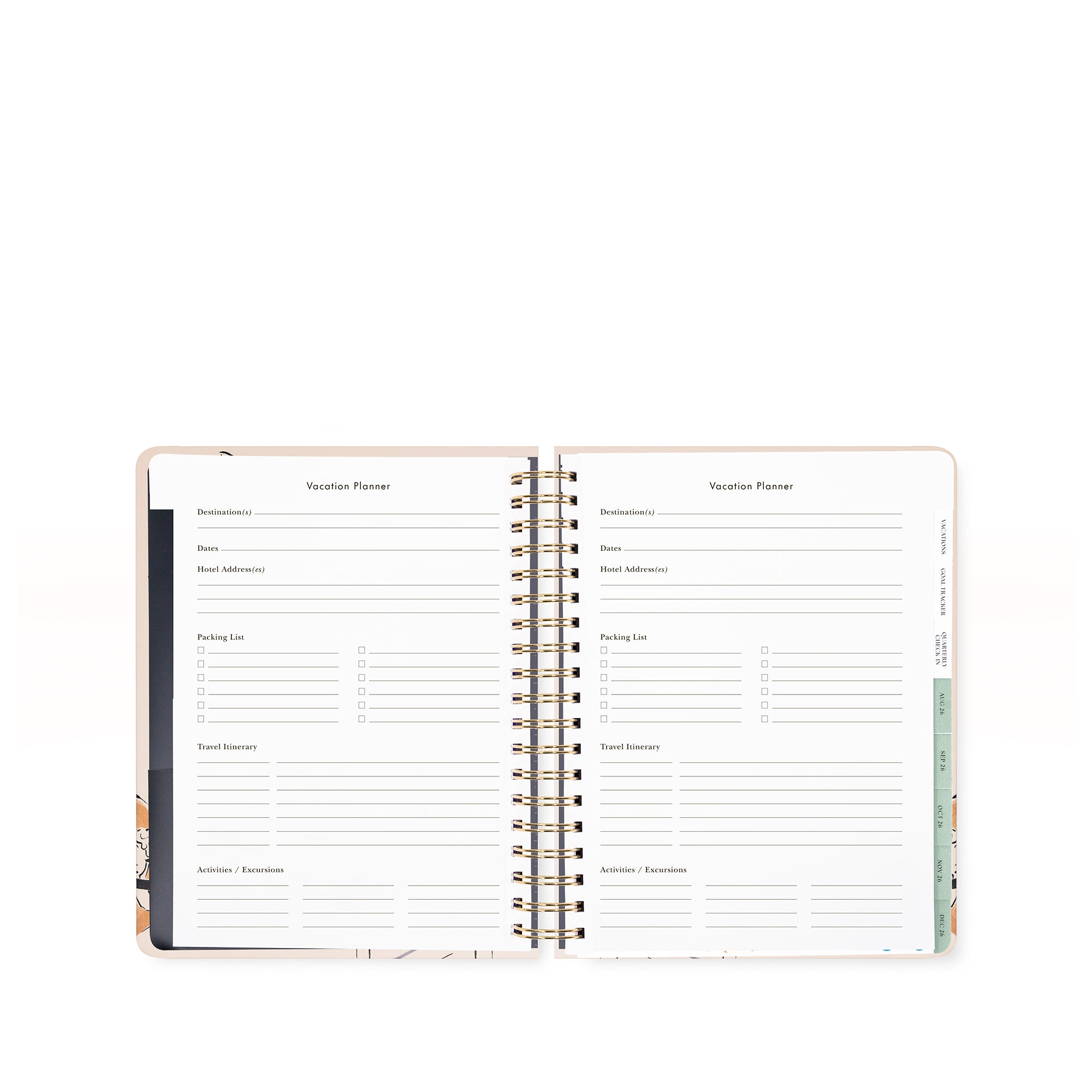 Open planner showing weekly and monthly schedule layout on a white background