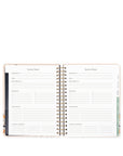 Open planner showing weekly and monthly schedule layout on a white background
