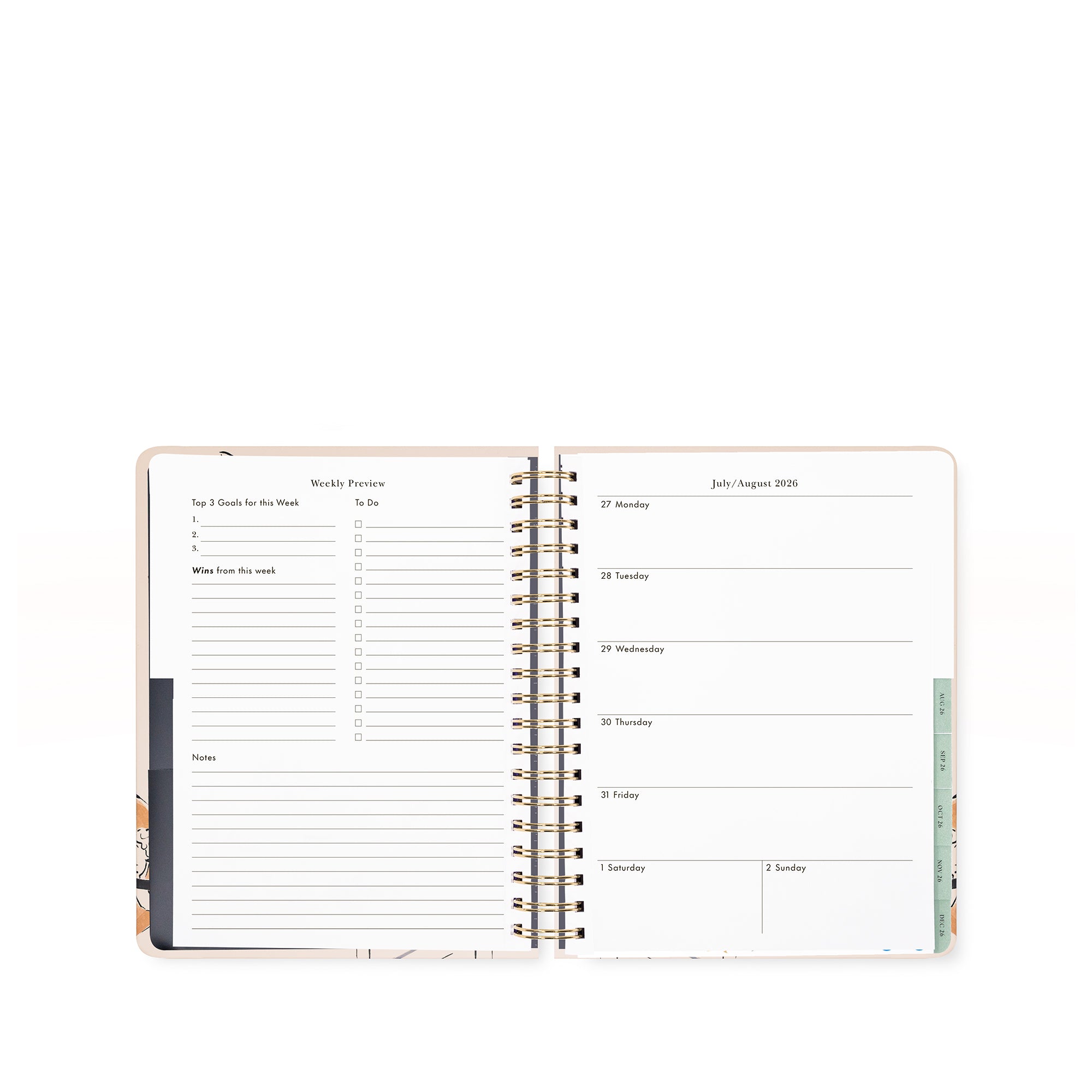 Open planner showing weekly schedule layout on white background