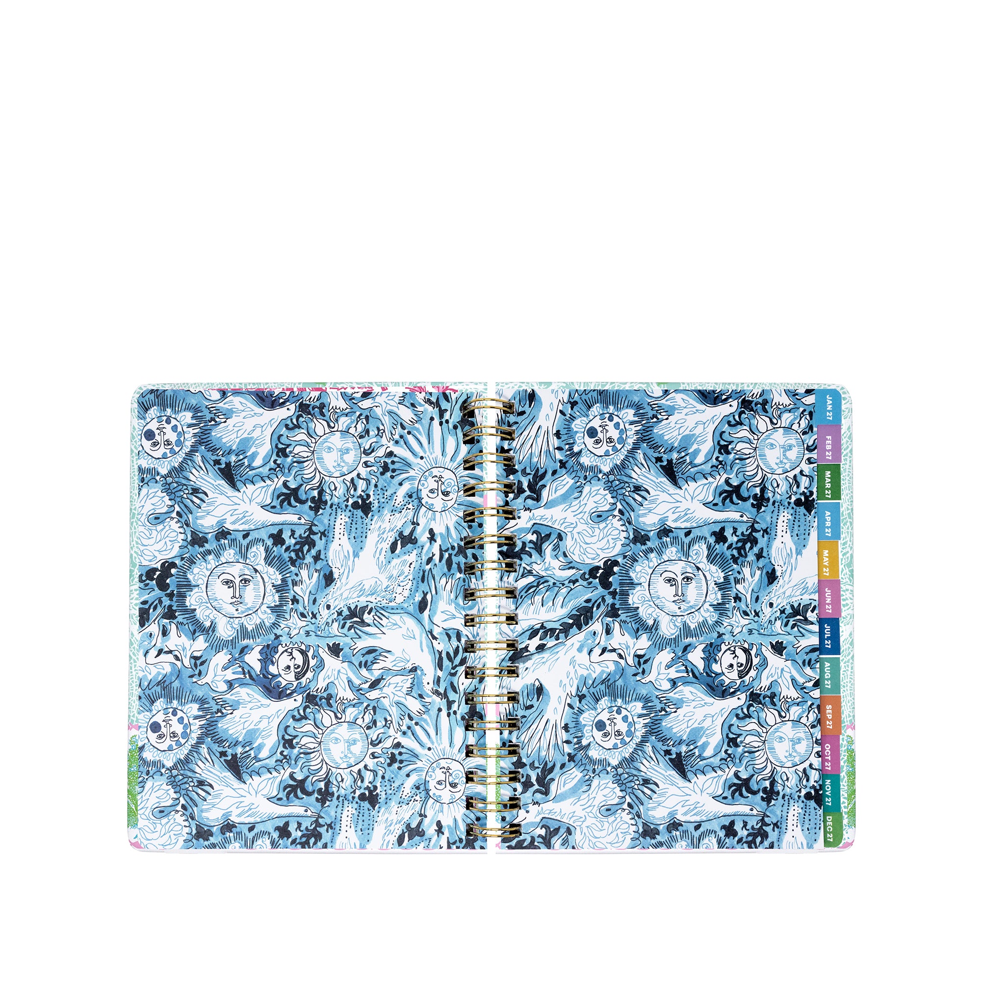 Open planner with blue floral design and colorful tabs on a white background