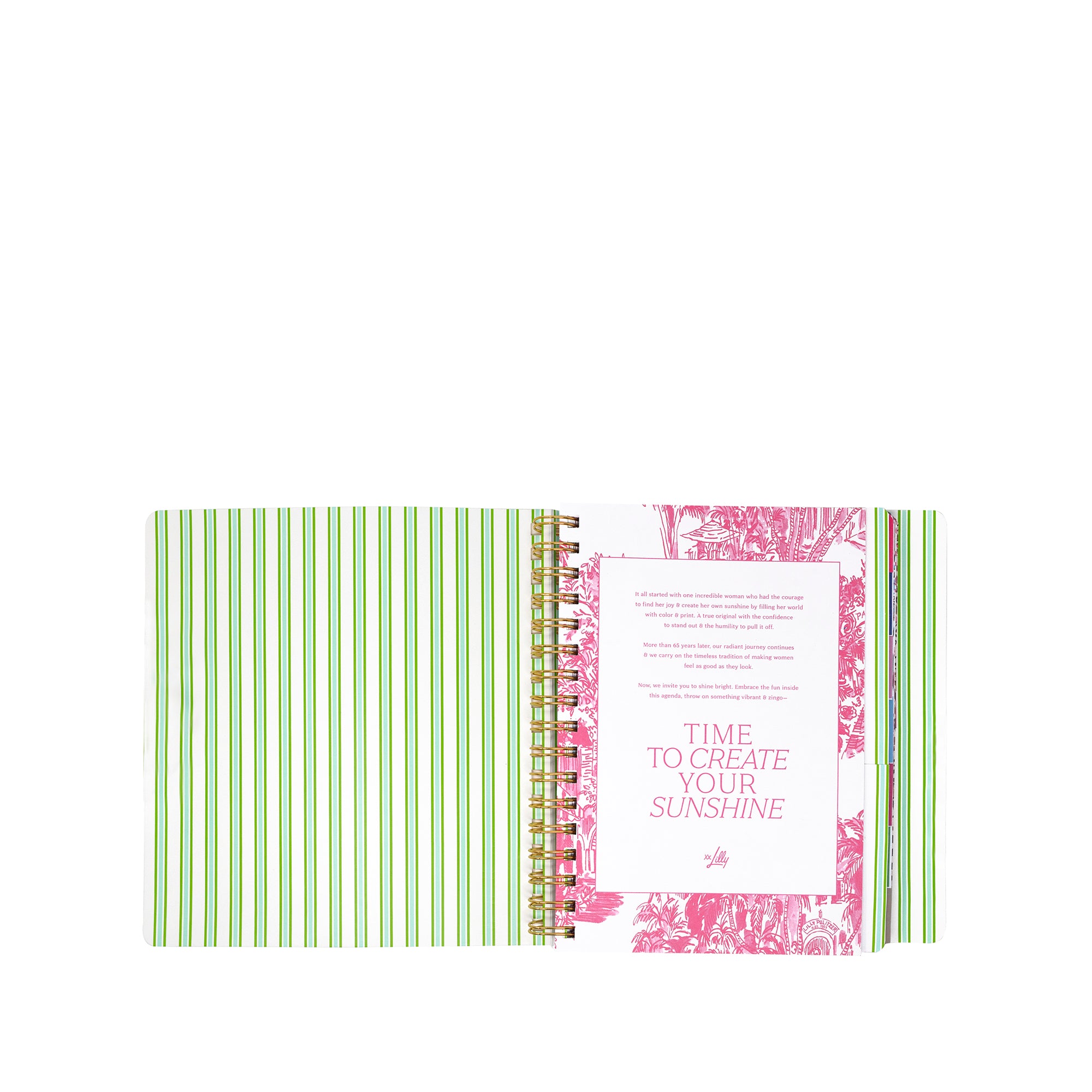 Spiral-bound notebook with green striped cover and pink floral design on white background