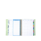 Open planner showing monthly and weekly schedules with colorful tabs on a white background
