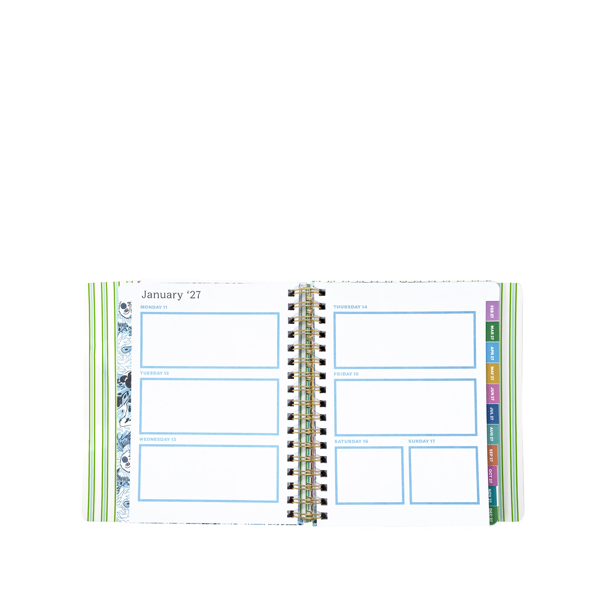 Open planner showing January '27 layout with colorful tabs on a white background