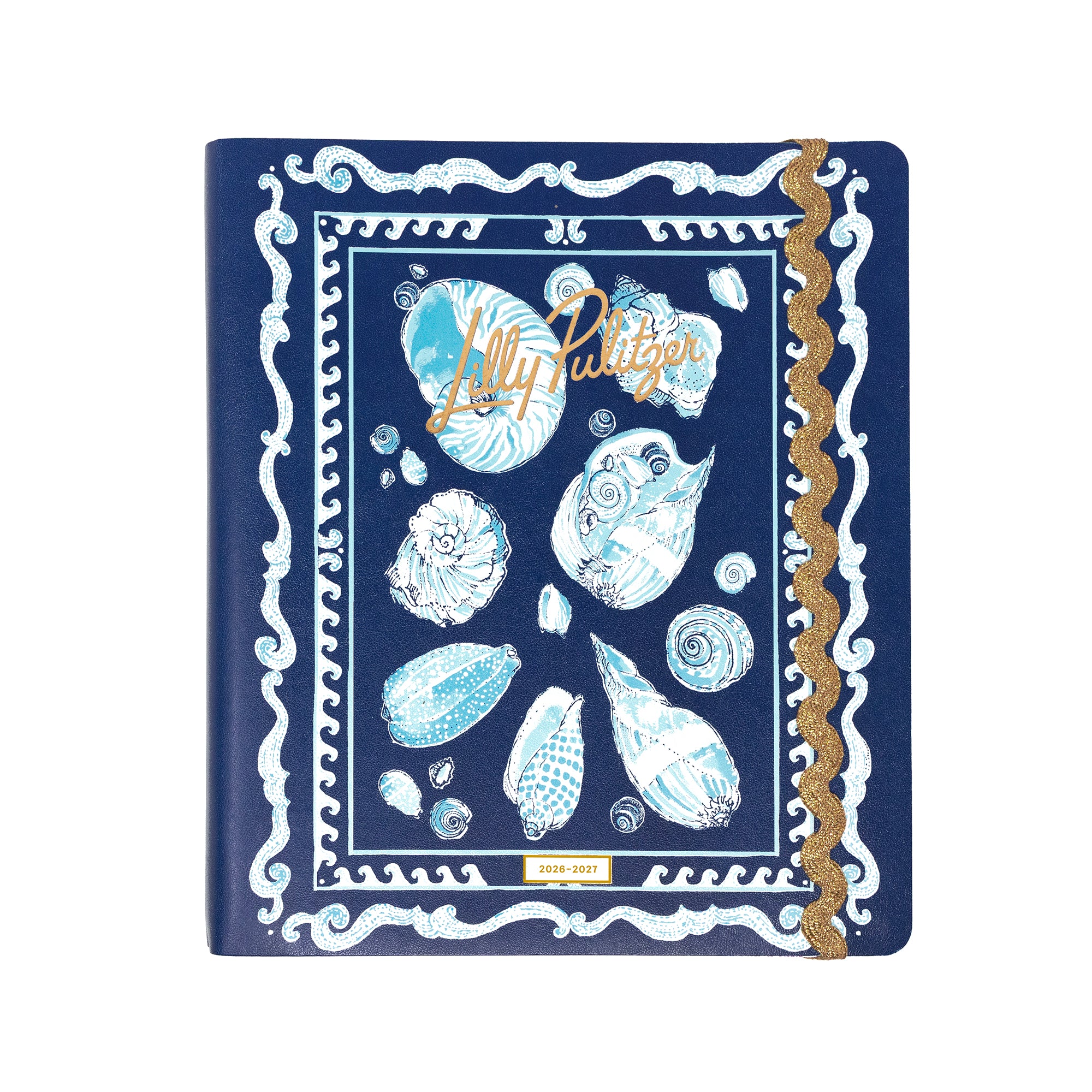 Navy blue planner with white shell illustrations and 'Lilly Pulitzer' branding on a white background