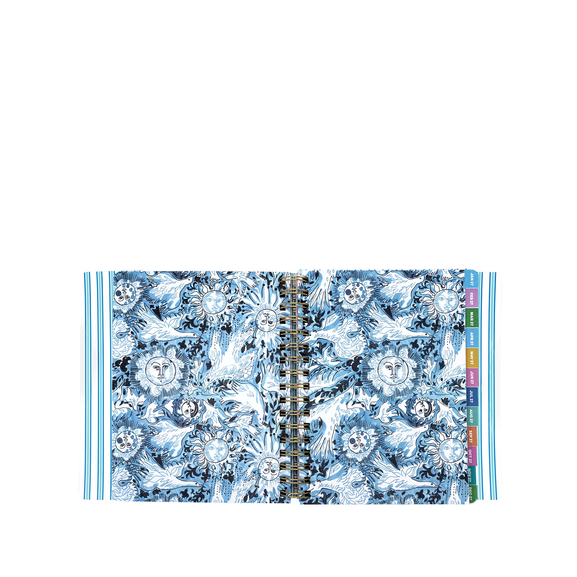 Open planner with blue floral design on a white background