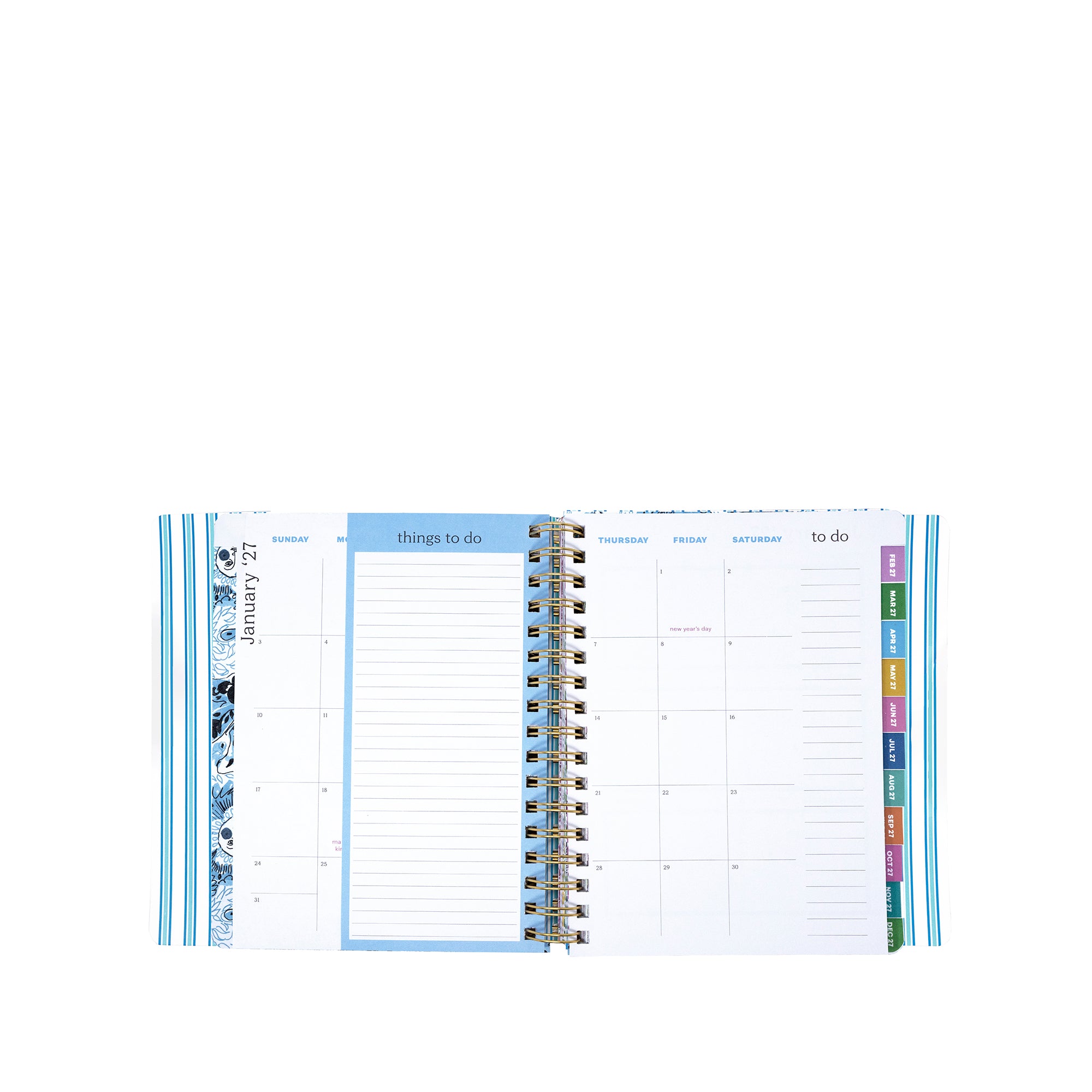 Spiral-bound planner with monthly and weekly views on a white background
