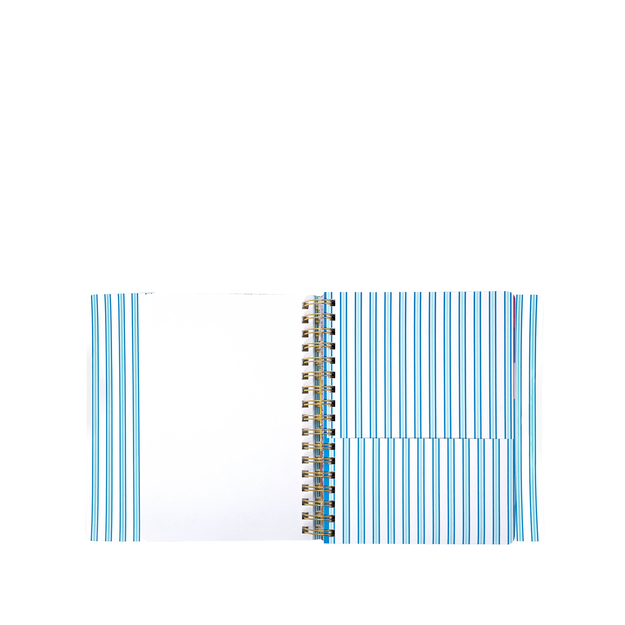 planner with blue and white striped cover on a white background