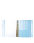 planner with blue and white striped cover on a white background