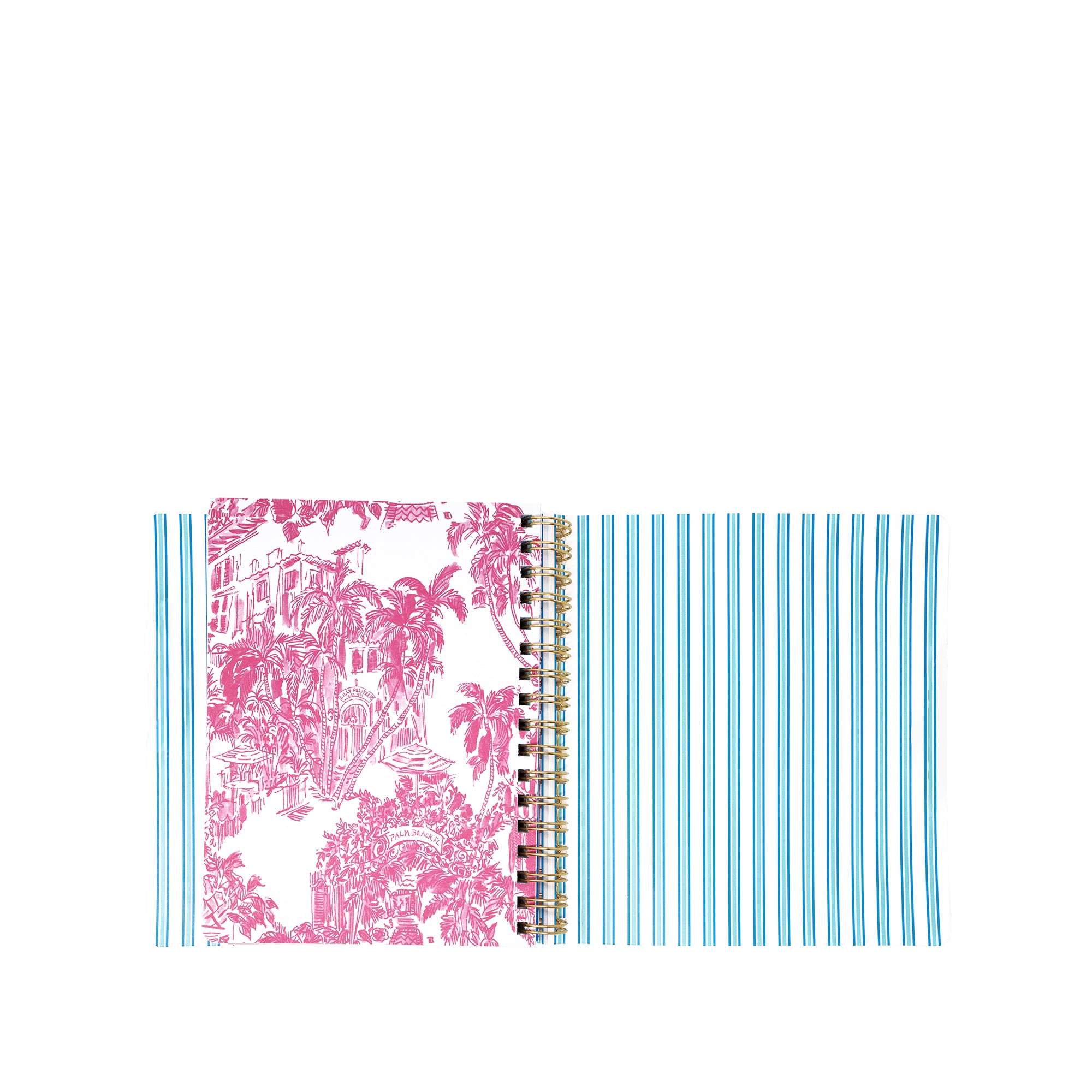 planner with pink floral design on one cover and blue striped pattern on the other, on a white background.