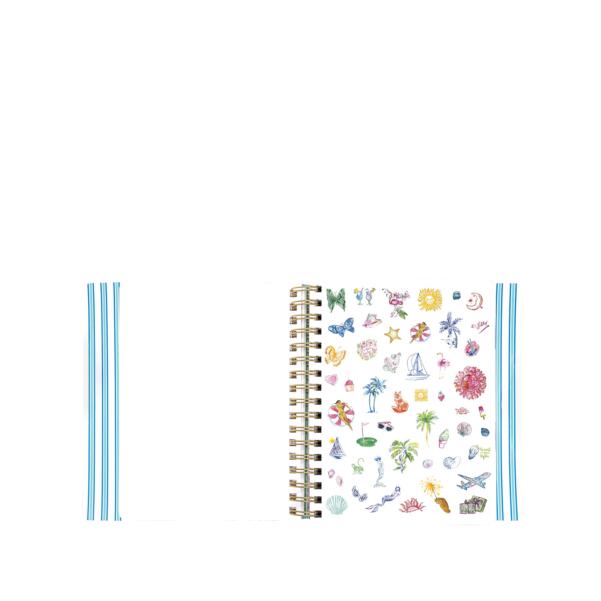 Spiral-bound planner with colorful illustrations on a white background