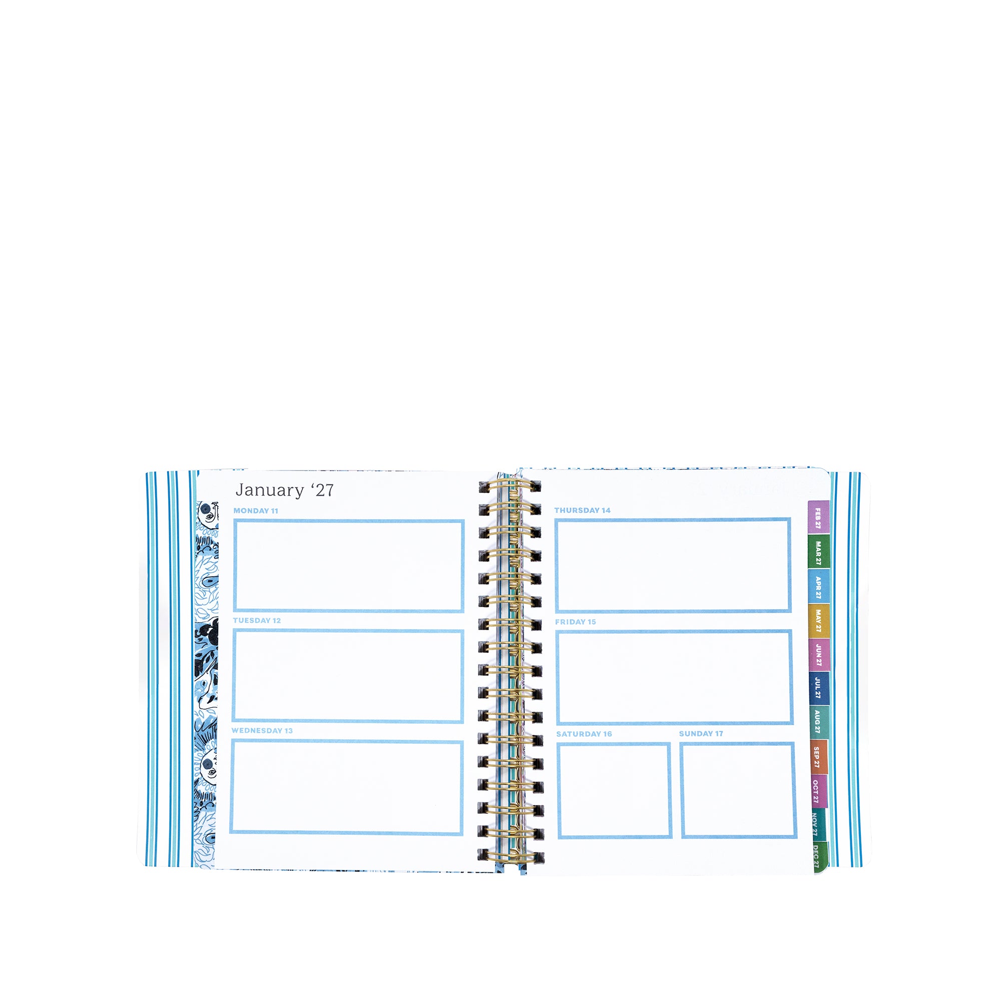 Spiral-bound planner with monthly layout on a white background