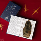 A decorative hand ornament with a gold-embossed moon design rests on an open book with printed text. The closed book, titled 'Night Court' with celestial illustrations, lies diagonally on a deep red background accented with gold starbursts.