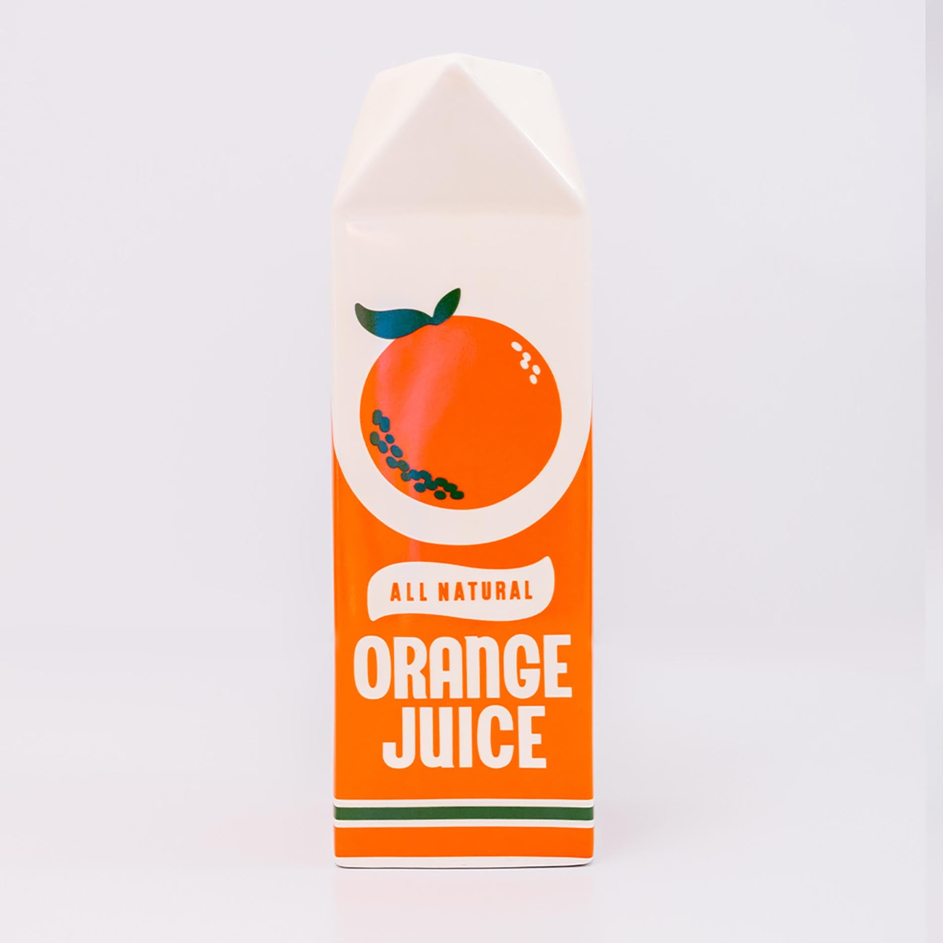 Carton of all natural orange juice vase with an orange illustration on a white background
