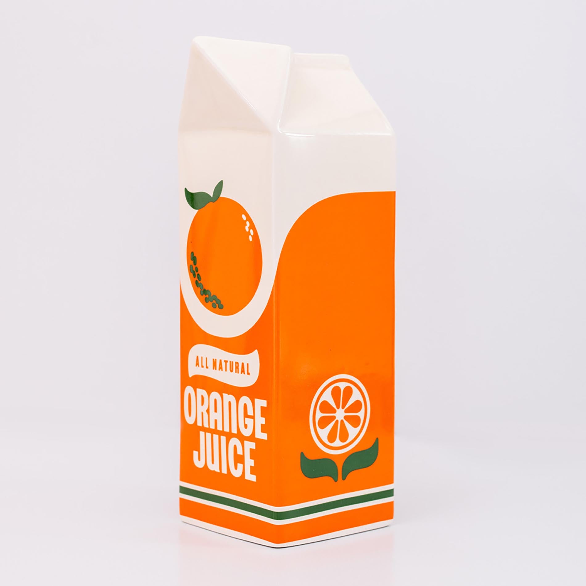 Carton of all-natural orange juice vase with an orange design on a light gray background