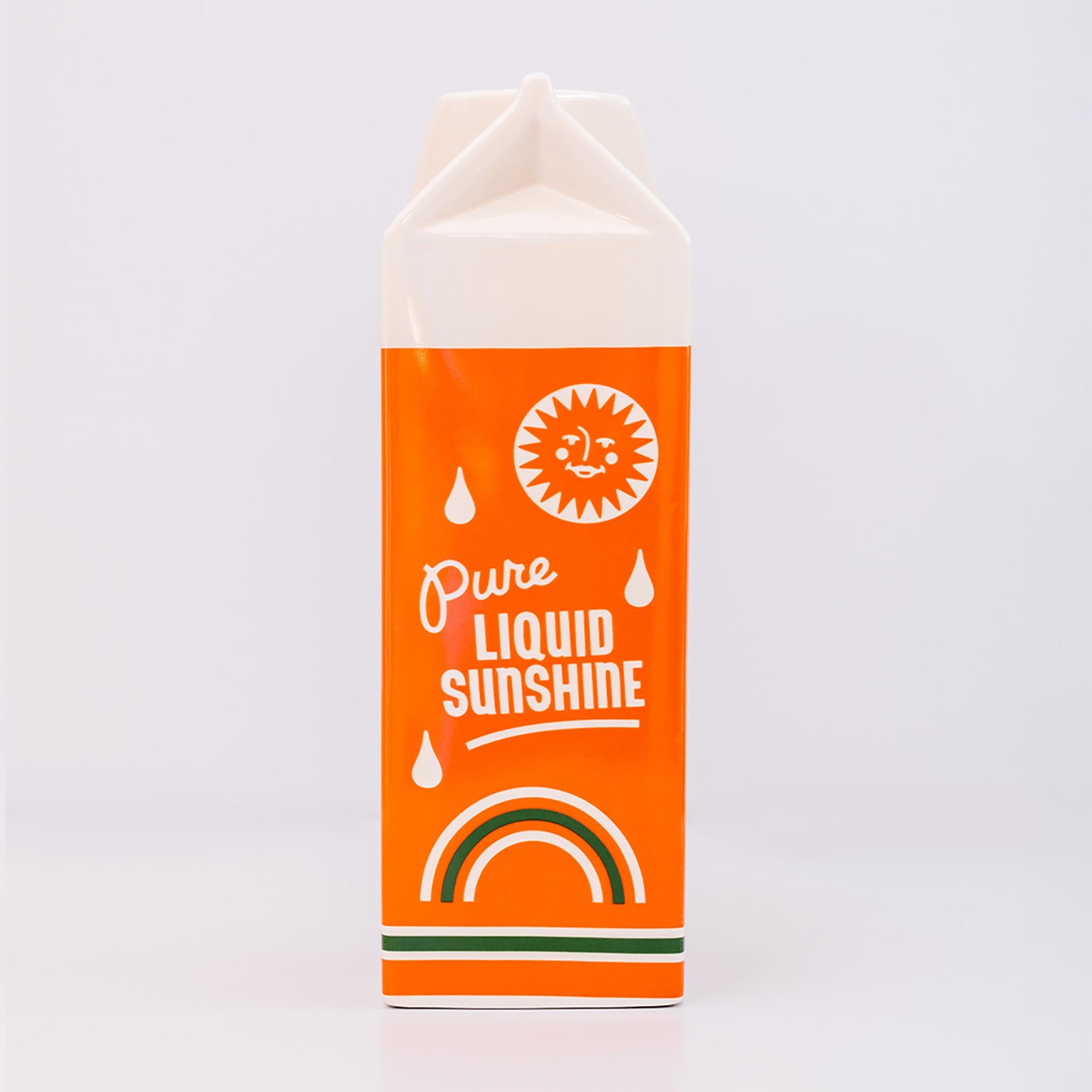 Orange container labeled 'Pure Liquid Sunshine' on a white background