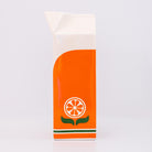 Orange and white orange juice vase with a design on a light gray background