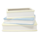 Stack of ceramic pots with blue and beige stripes on a white background