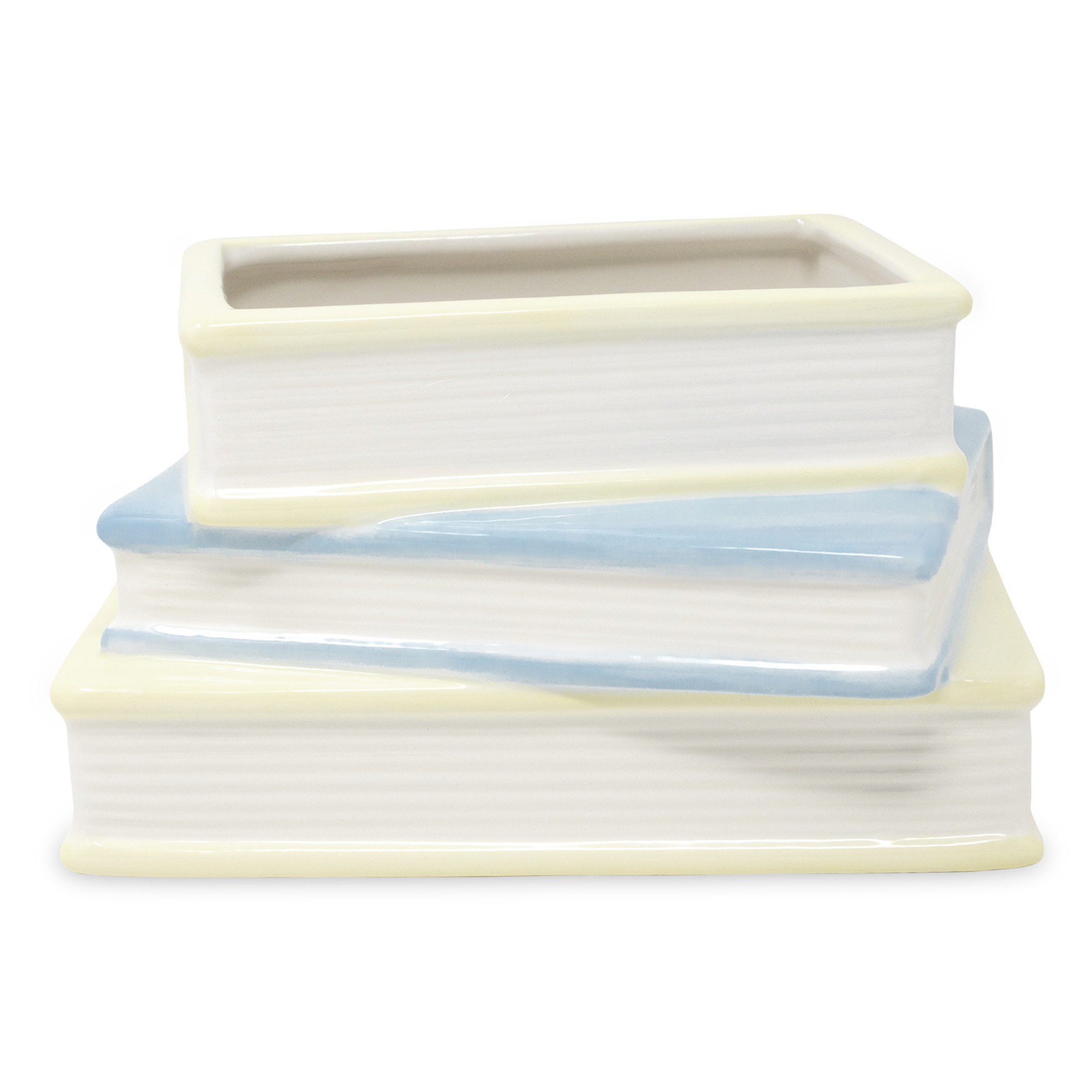 Stack of ceramic pots with blue and beige stripes on a white background
