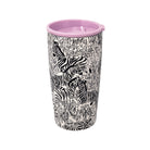 A tall travel tumbler with a black and white zebra print pattern and a light purple lid, shown on a plain white background.