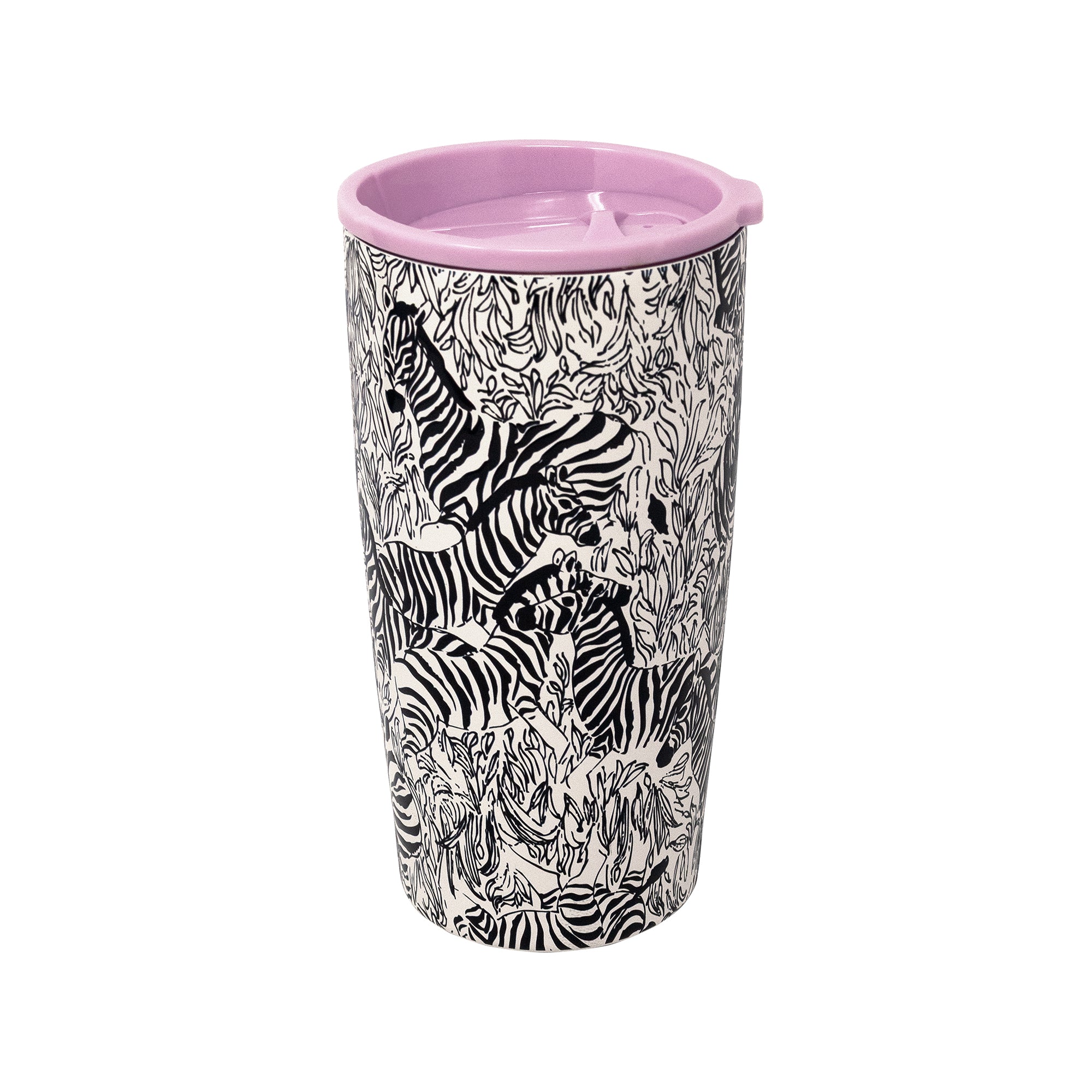 A tall travel tumbler with a black and white zebra print pattern and a light purple lid, shown on a plain white background.