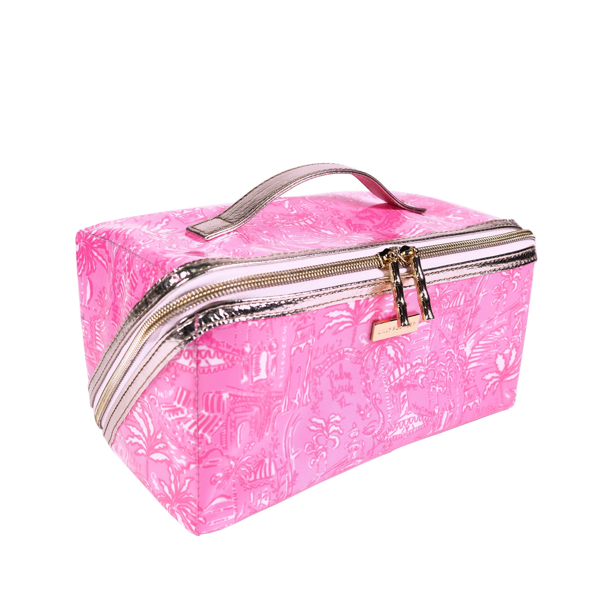 Pink cosmetic bag with gold zipper on a white background