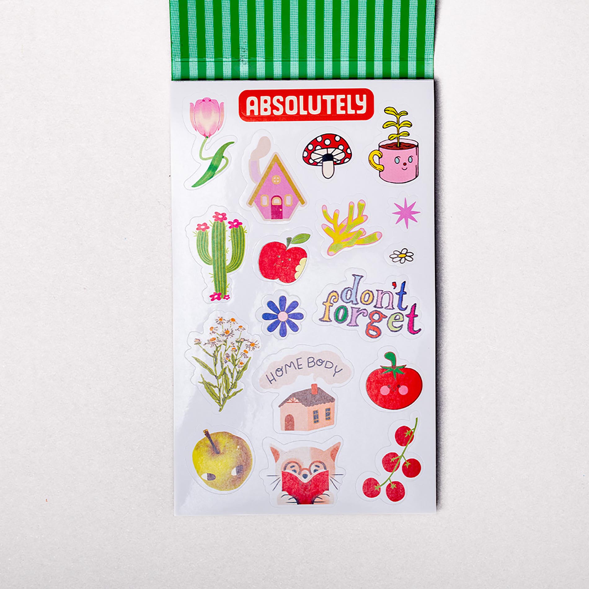 Sheet of colorful stickers with various designs on a white background.