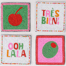 Four colorful coasters with text and graphics on a white background