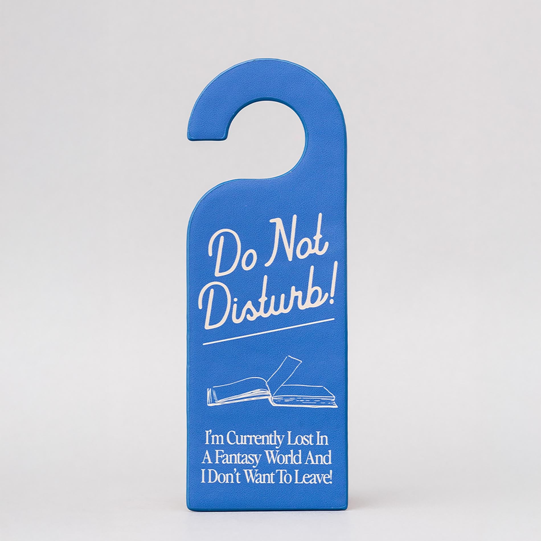Blue door hanger bookmark with 'Do Not Disturb' text and a book illustration on a gray background