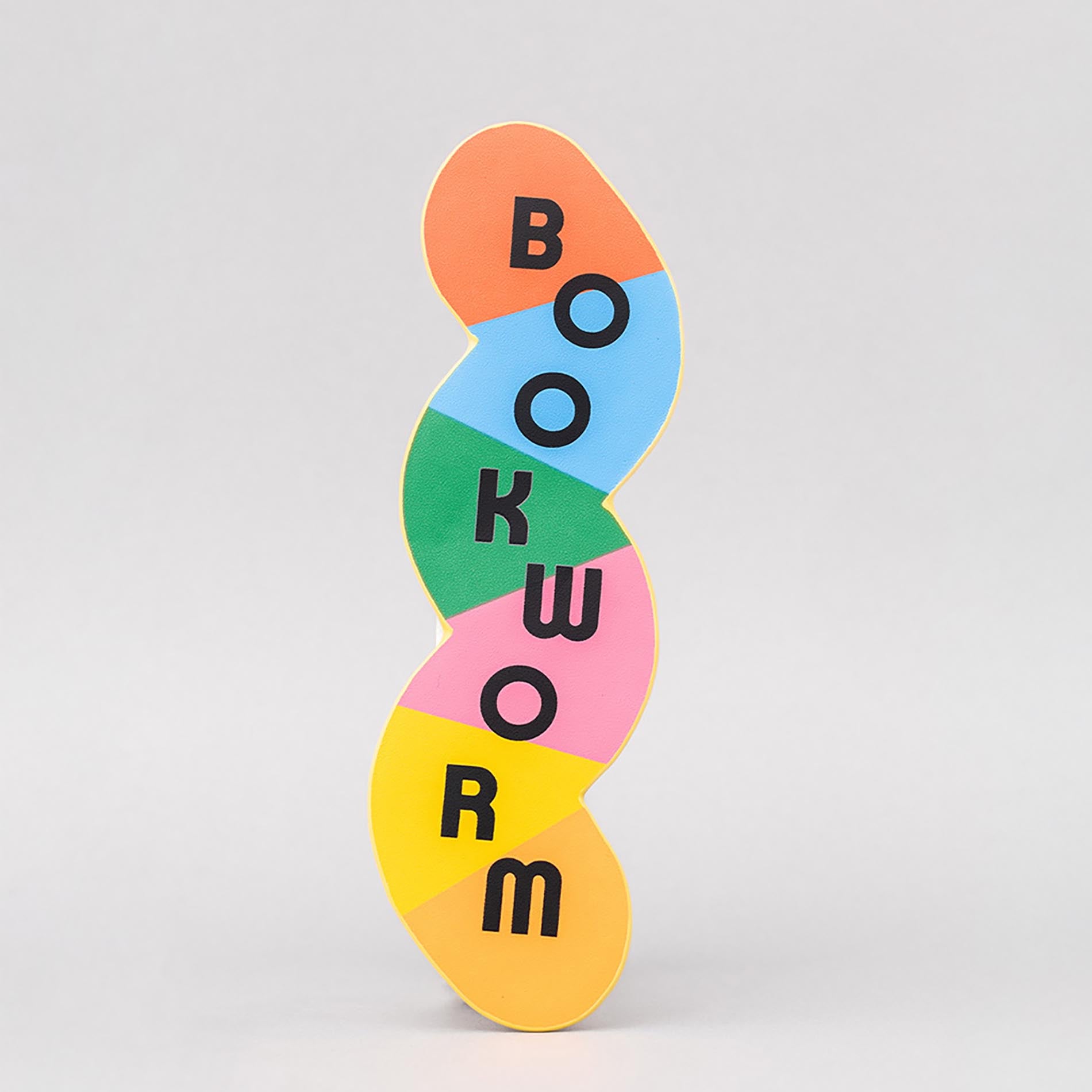 Colorful bookmark with 'BOOKWORM' text on a gray background