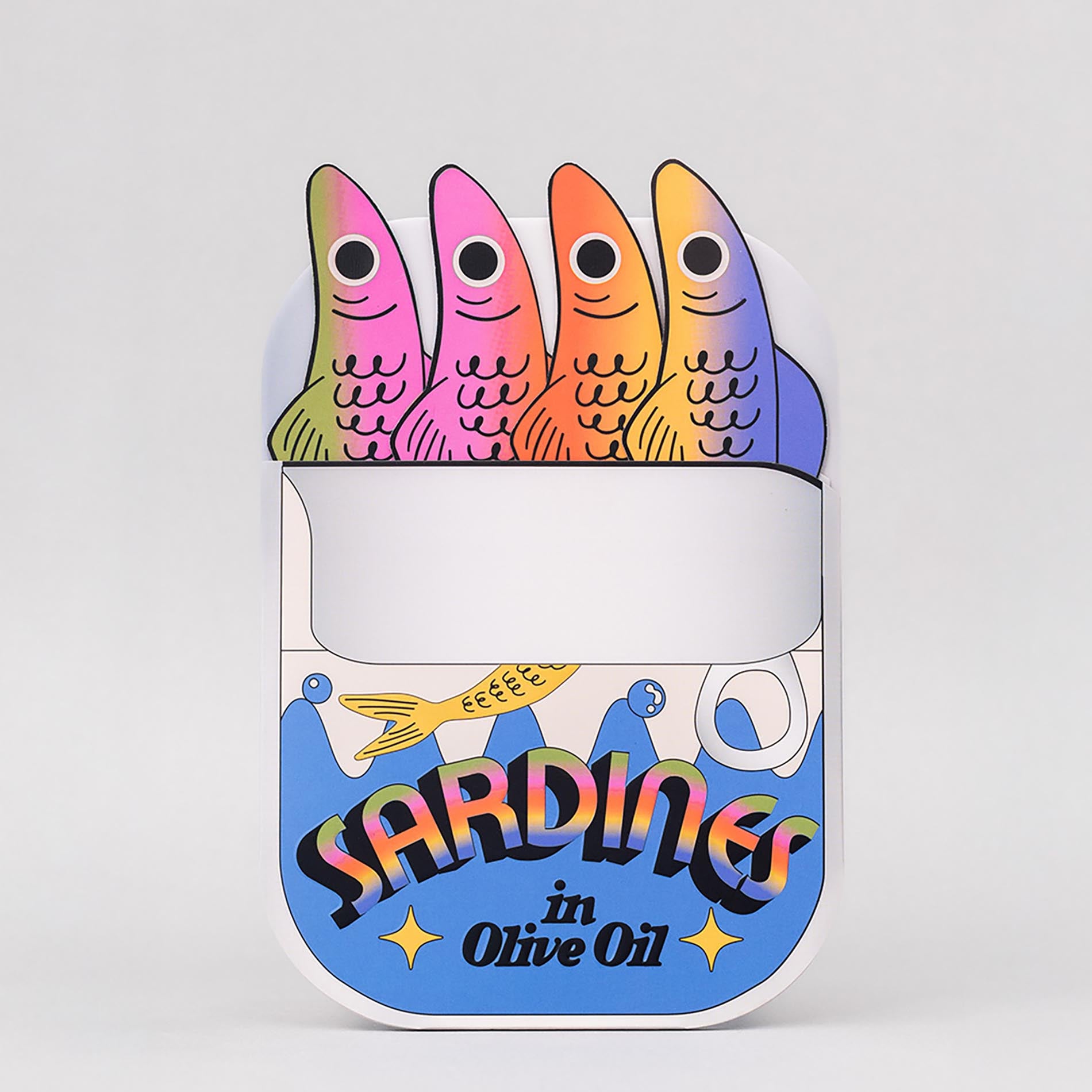 Colorful sardines in a can bookmark on a white background