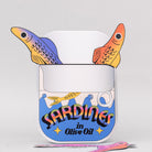 Colorful sardines in a can bookmark on a white background