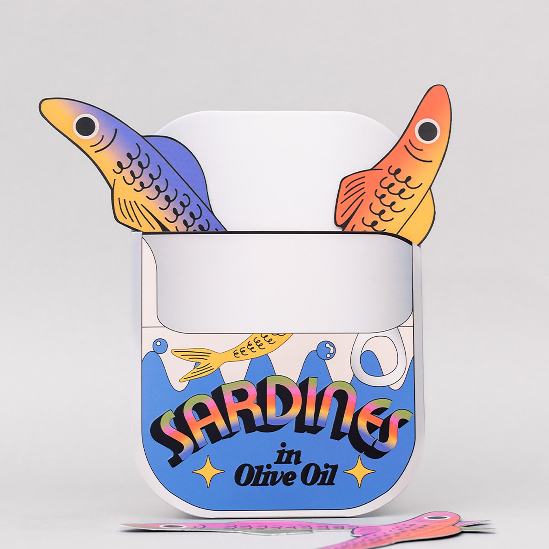 Colorful sardines in a can bookmark on a white background