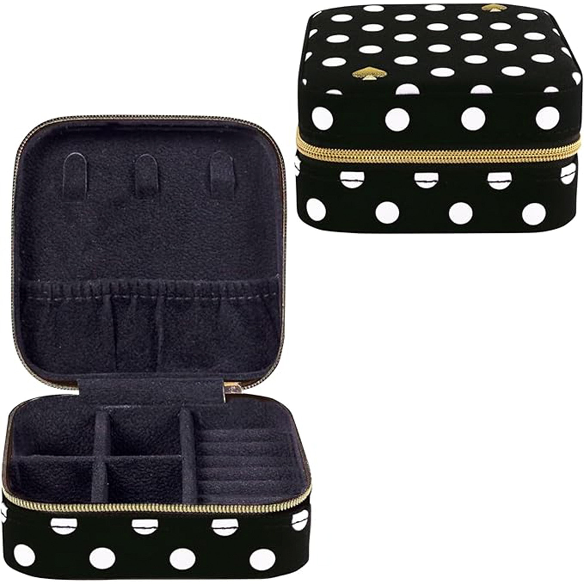 Black jewelry case with white polka dots and gold zipper, open to reveal compartments.