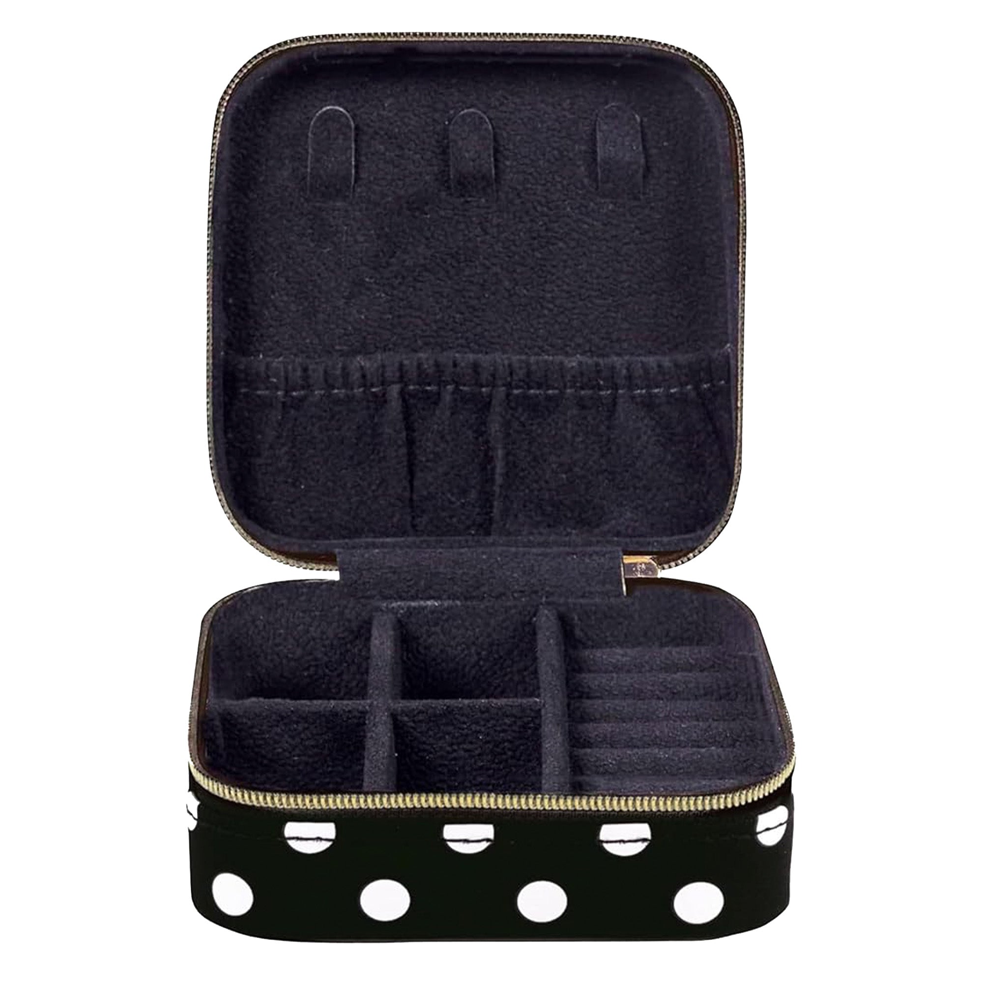 Black jewelry case with gold polka dot accents on a white background