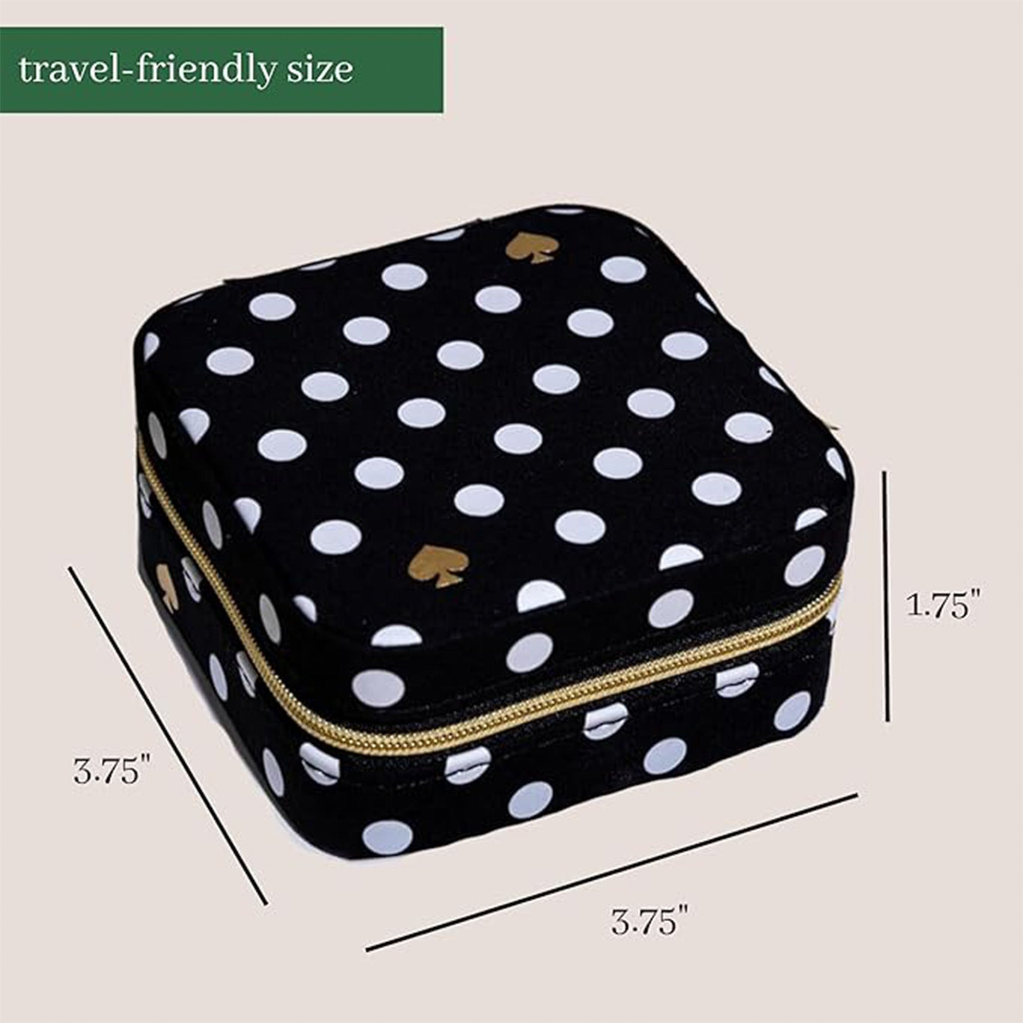 Black polka dot travel-sized product case with measurements on a beige background