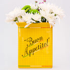 back view of yellow pasta box vase 