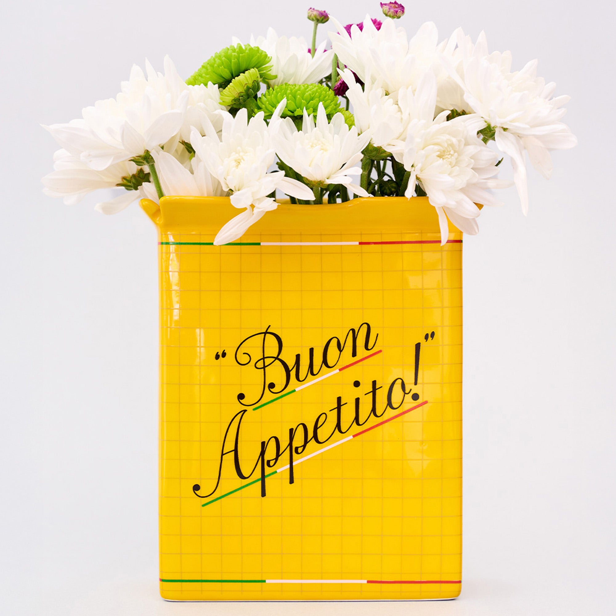 back view of yellow pasta box vase 