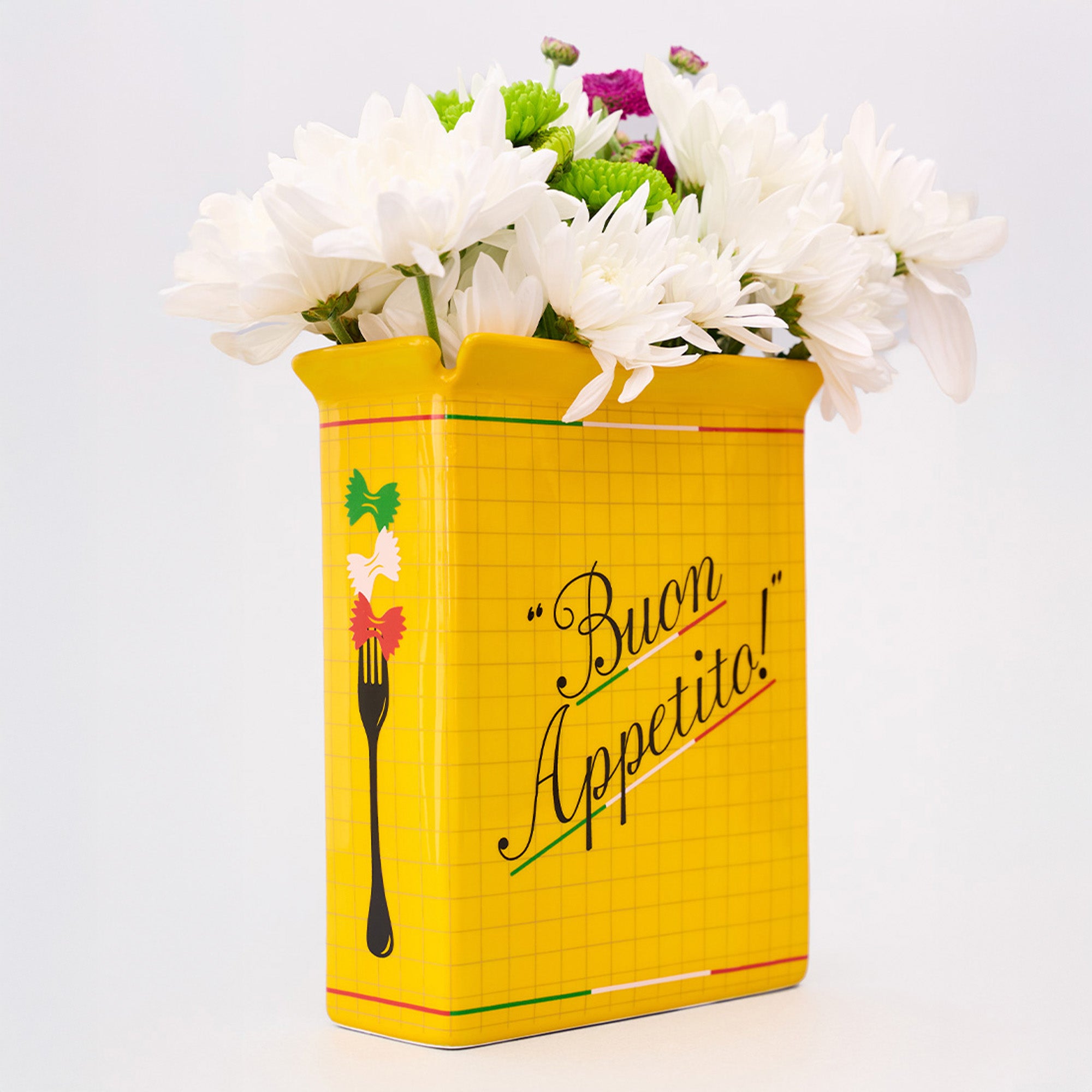 side view of yellow pasta box vase 