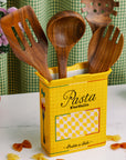 yellow pasta box vase  with wooden utensils inside