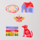 Set of colorful stickers including a house, butterfly, books, and dog on a light gray background.